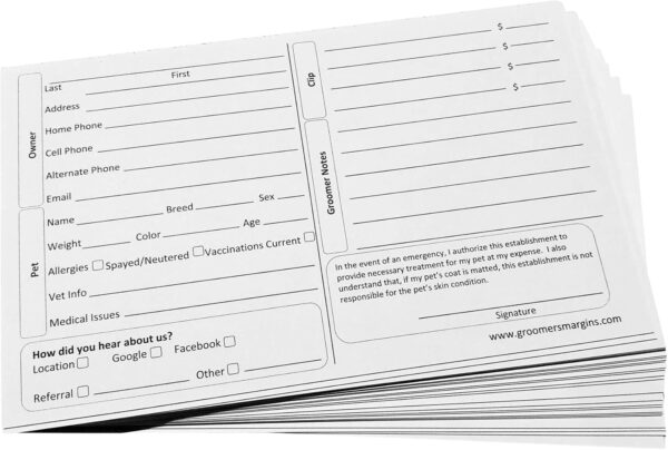 Dog Grooming Cards (100 Pack 8 X 5 inch) Groomer Client Profile Service Record Clip Card for Professional Pet and Cat Groomers, Kennel Care