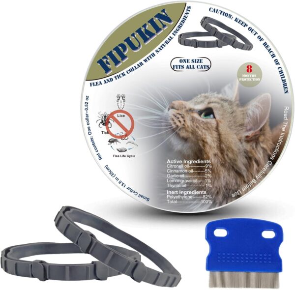 Natural Ingredients Flea Repellent Collar for Cats, Safe and Effective Flea and Tick Repellent, Waterproof, 8 Months Protection per Collar, Free Comb, One Size Fits All, 13.8 Inches, 2-Pack