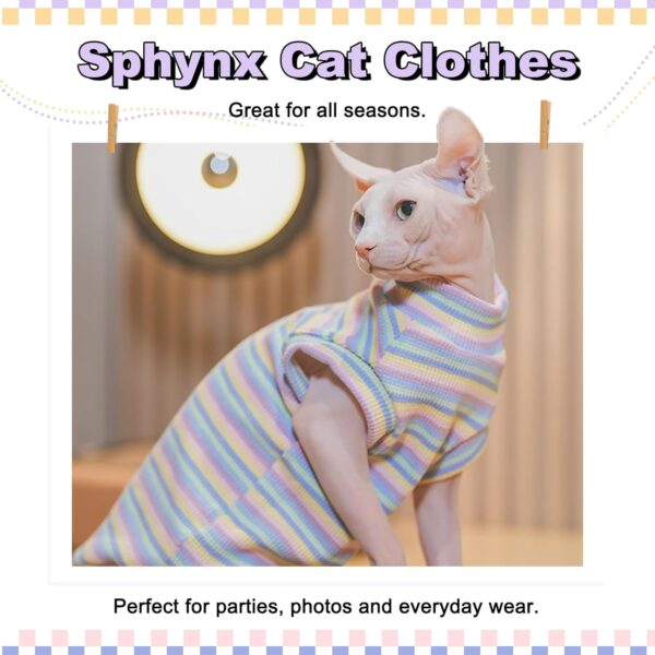 Sphynx Hairless Cats Shirt Rainbow Stripe Kitten T-Shirts with Sleeves, Cat Turtleneck Stretchy Cat Sweater, Pullover Cat Pajamas Jumpsuit, Round Collar Vest for Sphynx, Devon, Cornish Cat Clothes - Image 5