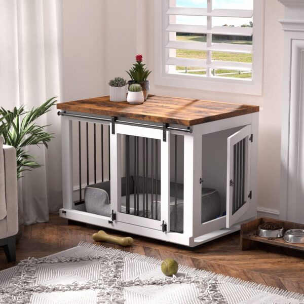 Dog Crate Furniture for Large Dogs Up to 60 lbs. - Barn Door Puppy Kennel w/Thickened Farmhouse Top & Metal Bars - 37'' Wide - White Decorative Modern Dog Crate Table, End Table, Nightstand - Image 3