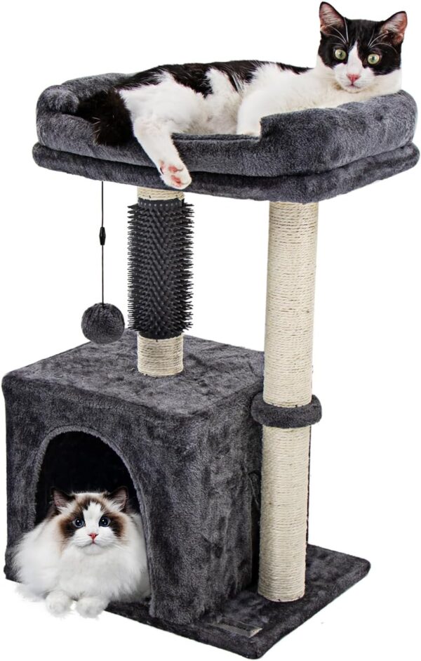 Small Cat Tree Tower,Cat Scratching Post for Indoor Cats,Featuring with Cat Cave and Cozy Perch,Cat Self Groomer and Interactive Dangling Ball Great for Kittens and Cats 26.8" (Smoky Gray)