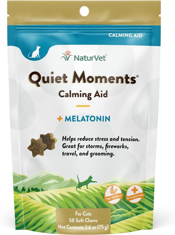 NaturVet Quiet Moments Calming Aid Cat Supplement Plus Melatonin – Helps Reduce Stress in Cats – for Pet Storm Anxiety, Motion Sickness, Grooming, Separation, Travel – 50 Ct. Soft Chews