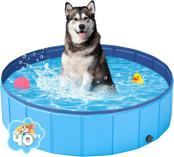 Foldable Dog Pool, YSJILIDE Portable PVC Dog Pet Swimming Pool, Collapsible Plastic Dog Bath for for Large Medium Small Dogs & Kids (M-40" x 12" Blue)