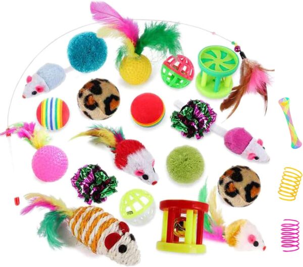 32Pcs Cat Toys Kitten Interactive Pet Toys Assortments, Foldable Rainbow Tunnel, Teaser Wand Fluffy Mouse Crinkle Balls Bell Play for Puppy Kitty (3 way) - Image 5