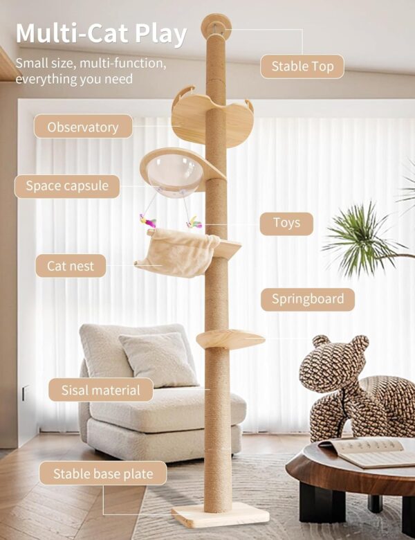 Cat Tree Floor to Ceiling Natural Sisal Rope Scratching Post Height:55.52-118.5 Inches Adjustable Cat Tree Cat Modern Activity Tree - Image 3