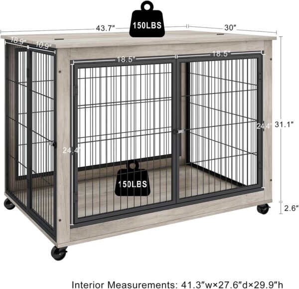 IchbinGo Dog Crate Furniture, Wooden Dog Crate Table, 43.7" Dog Kennel with 3 Doors, Flip-up Top Opening and Wheels, Decorative Pet Crate House for Large/Medium/Small Dog Indoor Use(Rustic Grey) - Image 5