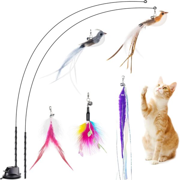 JXFUKAL Cat Feather Toys, Interactive Toy with Super Suction Cup, 2PCS Springy Cat Wand & 5PCS Teaser Refills Replacement with Bells, Kitten Toys Cat Spring String Toy Accessories