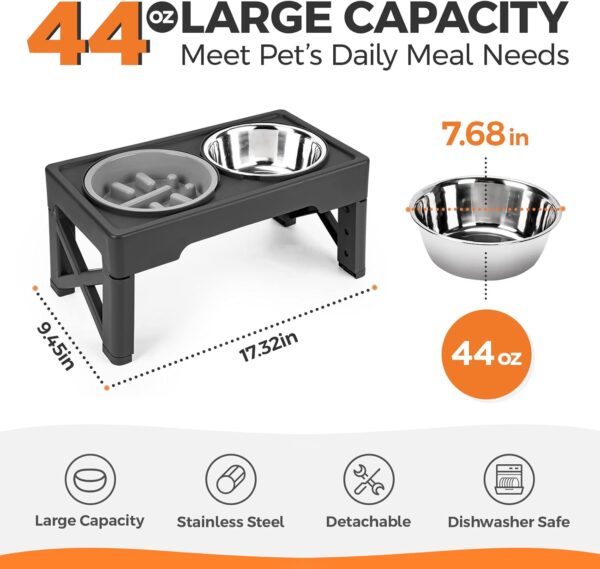 Elevated Dog Bowls with Slow Feeder, 4 Adjustable Heights Raised Dog Bowl Stand with Two 1.3L Stainless Steel Food & Water Bowls, Adjusts to 2.8”, 8.6”, 10.2”, 11.8” for Large Medium, Small Dog & Cats - Image 5