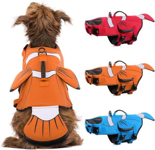 DENTRUN Dog Life Jacket Safety Vests for Swimming, Adjustable Puppy Pool Lake Floats Coat High Visibility Superior Floatation & Rescue Handle, Clownfish Shape Water Vest for Small Medium Large Dog