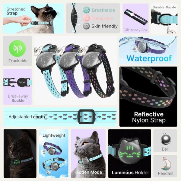 Waterproof Airtag Cat Collar, Breakaway Cat Airtag Collar with Luminous & Reflective Fish Pattern, Lightweight Kitten Collar for Apple Air tag, Hidden GPS Tracker Holder for Cats, Kittens(9-13") - Image 2