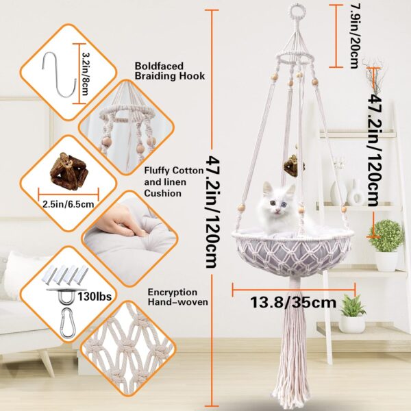 Macrame Hammock, Handwoven Boho Cat Swing with Hanging Kit for Indoor Outdoor Home Decor Hang on Wall Bed for Sleeping, Playing, Climbing and Lounging - Image 3