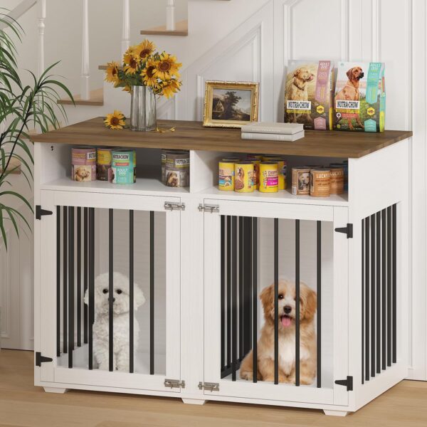 41 inch Dog Crate Furniture, Farmhouse Dog Kennel Indoor with Divider & Shelf Storage, Wooden Indoor Dog Crate for 2 dogs, Decorative Pet Crate End Table for Large Dogs, White