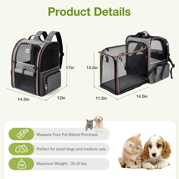 Lekebobor Large Cat Backpack Carrier Expandable Pet Carrier Backpack for Small Dogs Medium Cats Fit Up to 18 Lbs, Dog Backpack Carrier, Foldable Puppy Backpack Carrier for Travel, Hiking,Grey - Image 2