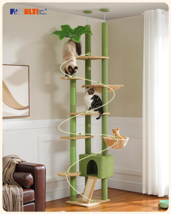 PEQULTI Tall Cat Tree, Floor to Ceiling Cat Tree Tower Adjustable [90.5''~100.4''=230~252CM] with Cat Condo, Cat Hammock and Scratching Post, Cat Climbing Tree for Indoor Large Cats, Green - Image 8