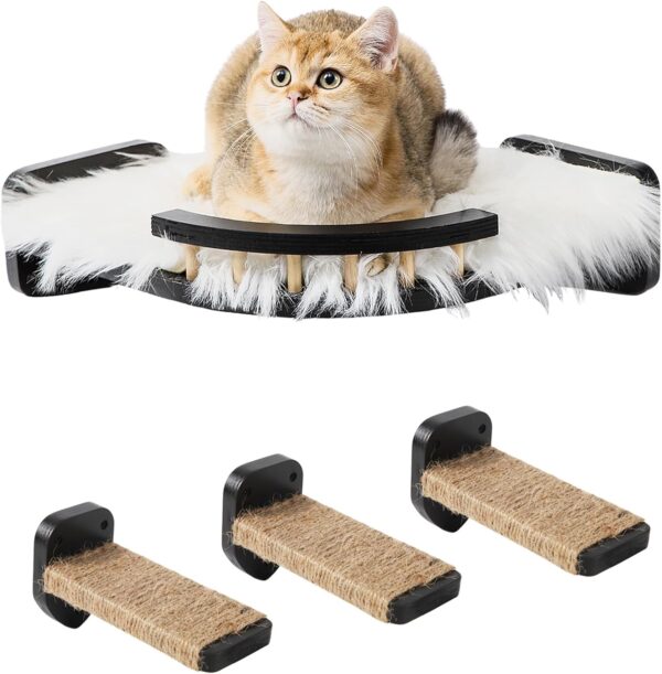 Cat Wall Shelves, Cat Shelves and Perches for Wall, Cat Wall Furniture, Corner Cat Shelf with 3 Steps Scratch Post, Cat Bed Hammock with Plush Covered, Climbing Shelf for Indoor Cats (Black)