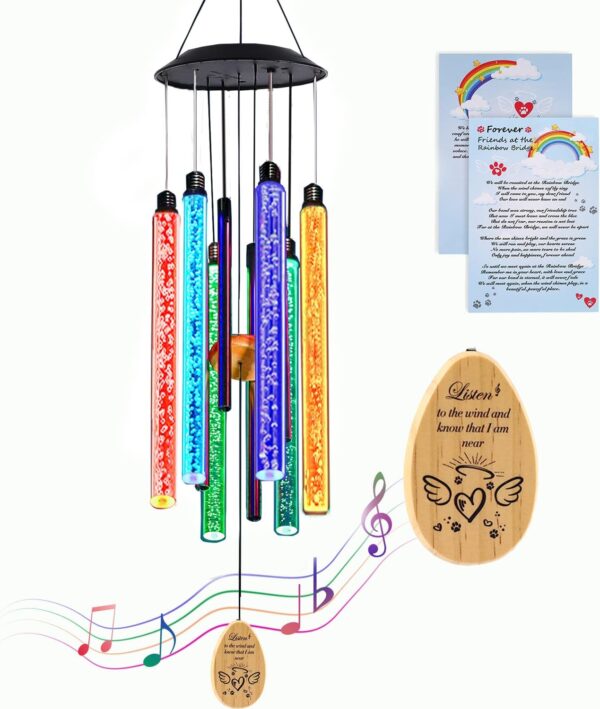 Solar Pet Memorial Wind Chime, Dog Memorial Gifts for Loss of Dog, Rainbow Bridge Pet Memorial Gifts, Loss of Dog Sympathy Gift, in Memory of Dog Cat, 6 LED Tubes Color Changing Rainbow, 33"