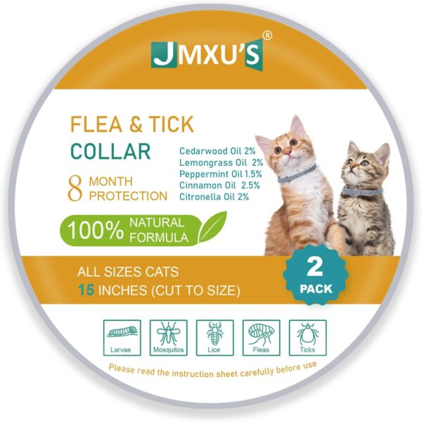 Flea and Tick Collar for Cats &Kitten, Natural Essential Oil Flea and Tick Prevention for Cats, 15 Inch, 8 Month Protection, 2 Pack - Image 2