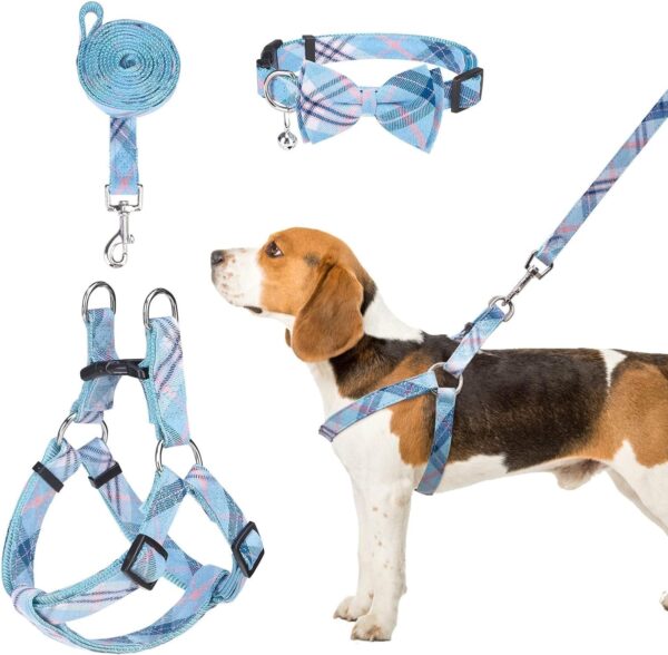 BINGPET Dog Harness Collar Leash Set,Adjustable No Pull Escape Proof Small Dog Harness,Classic Plaid Puppy Harness and Leash Set for Small Medium Large Dogs Training Easy Walk Running(Blue,M)