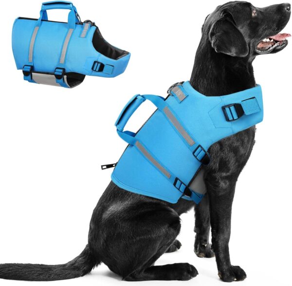 Queenmore Dog Life Jacket, XXL Dog Life Vest,High Floating Pet Life Vest for Swimming,Lightweight Adjustable Puppy Life Preserver for Boating,Dog Water Vest with Back Zip,Rescue Handle,Hook (Blue XXL)