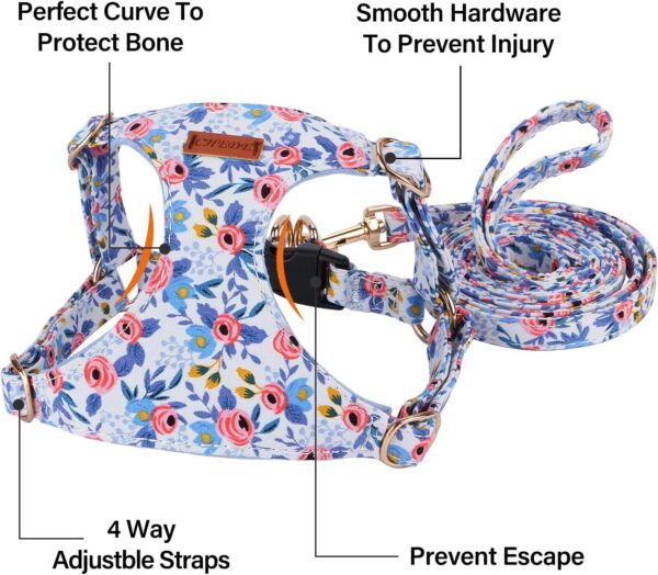 No Pull Floral Pattern Dog Harness- Lightweight and Soft Dog Harness, Adjustable Small Dog Harness and Leash Set, with Dog Leash, Suitable for Puppy Small and Medium-Sized Dog (S, Blue Rose) - Image 2