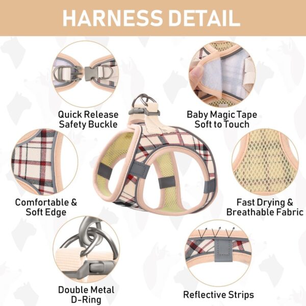 GAMUDA Small Dog Harness Collar and Leash Set, Step in No Chock No Pull Soft Mesh Adjustable Dog Vest Harnesses Plaid Reflective for Dogs Puppy Cats Kitten Rabbit (Beige, S) - Image 3