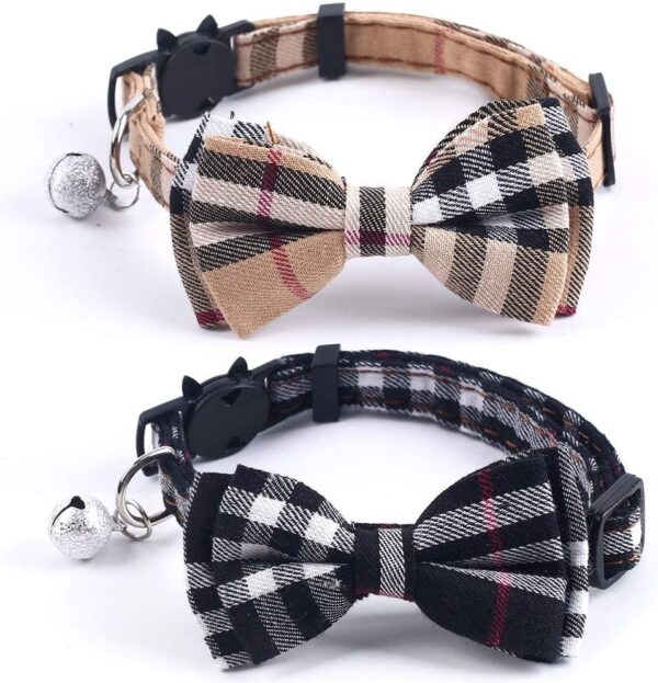 Cat Collars Breakaway with Cute Bow Bell - 2 Pack Kitten Collar Plaid Cat Collar with Removable Bowtie Cat Collar for Cats Kittens…