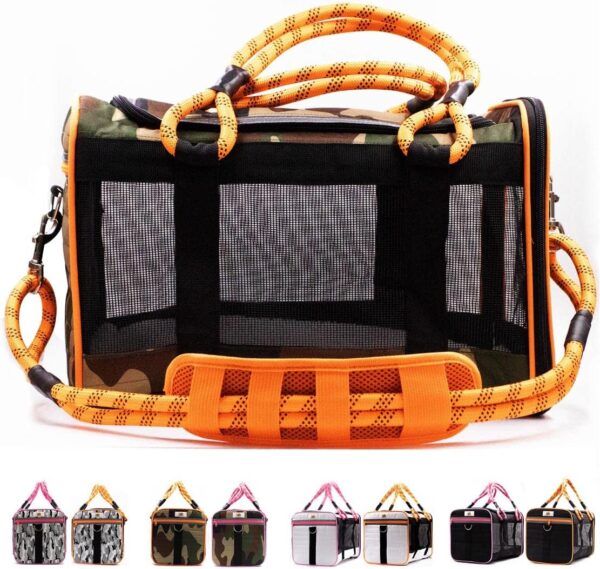 Buddy's Best Airline Approved Pet Carrier – Army Camo & Orange for Dog or Cat, Fits Under Seat, TSA Compliant, Ventilated Mesh Design w/Waterproof Base & Reflective Strips