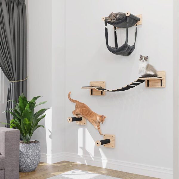 Cat Wall Shelves Set - Cat Wall Furniture with 2 Cat Climbing Shelves, Cat Bridge & Double Cat Hammock Bed - Modern Cat Shelves and Perches for Wall Perfect for Small to Large Kitty