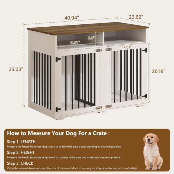 41 inch Dog Crate Furniture, Farmhouse Dog Kennel Indoor with Divider & Shelf Storage, Wooden Indoor Dog Crate for 2 dogs, Decorative Pet Crate End Table for Large Dogs, White - Image 2