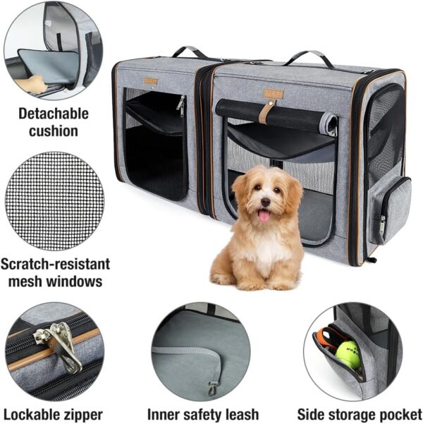 Lekereise 2-in-1 Cat, Dog Carrier for Small Medium Large Pets up to 35 Lbs, (17.7"*2)*16.5"*13" Car Travel Carrier with Litter Box, Bowl, and Locking Zipper - Dark Gray - Image 6