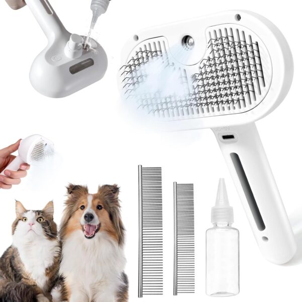 Cat Steam Brush, Pet Spray Comb Steaming Brush for Pets Remove Static Flying Hair Pet Grooming Brush Self Cleaning Pet Brush Suitable for Long and Short Hair Dogs Cats Rechargeable