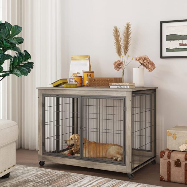 IchbinGo Dog Crate Furniture, Wooden Dog Crate Table, 43.7" Dog Kennel with 3 Doors, Flip-up Top Opening and Wheels, Decorative Pet Crate House for Large/Medium/Small Dog Indoor Use(Rustic Grey) - Image 2