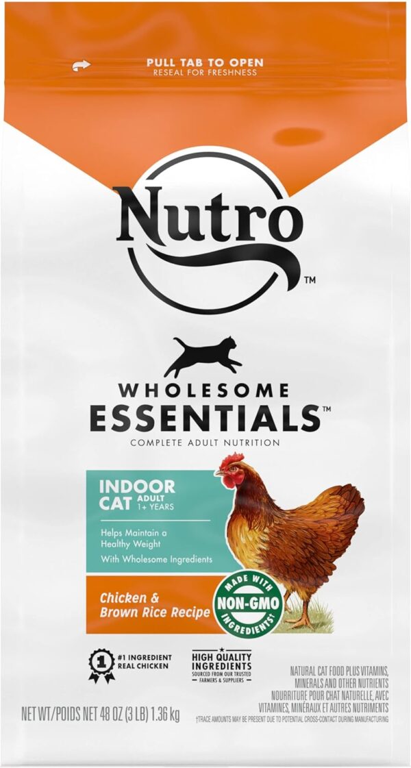 NUTRO WHOLESOME ESSENTIALS Adult Indoor Natural Dry Cat Food for Healthy Weight Farm-Raised Chicken & Brown Rice Recipe, 3 lb. Bag