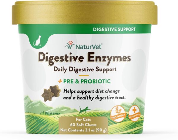 NaturVet – Digestive Enzymes for Cats Plus Probiotics – 60 Soft Chews – Helps Support Diet Change & A Healthy Digestive Tract – Aids in The Absorption of Vitamins & Minerals – 30 Day Supply