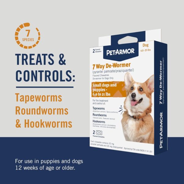 PetArmor 7 Way De-Wormer for Dogs, Oral Treatment for Tapeworm, Roundworm & Hookworm in Small Dogs & Puppies (6-25 lbs), Worm Remover (Praziquantel & Pyrantel Pamoate), 2 Flavored Chewables - Image 3