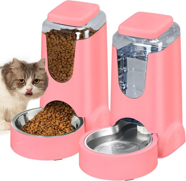 Automatic Cat Feeder and Water Dispenser with Stainless Steel Bowl Dog Gravity Food Feeder and Waterer for Small Medium Pets Puppy Kitten 1 Gallon x 2