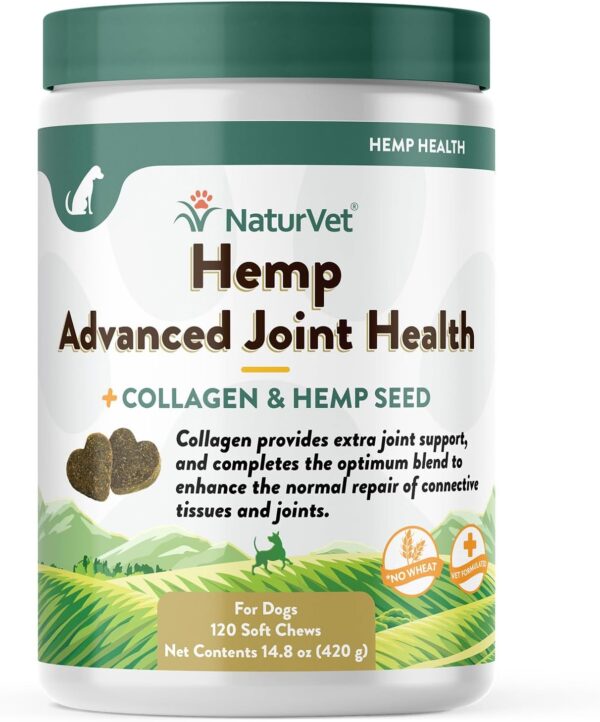 NaturVet Hemp Advanced Joint Health Dog Supplement Soft Chews –Helps Support Joint Health in Dogs – Includes Hemp Seed, Collagen, Glucosamine, MSM, Chondroitin, Omegas – 120 Ct.