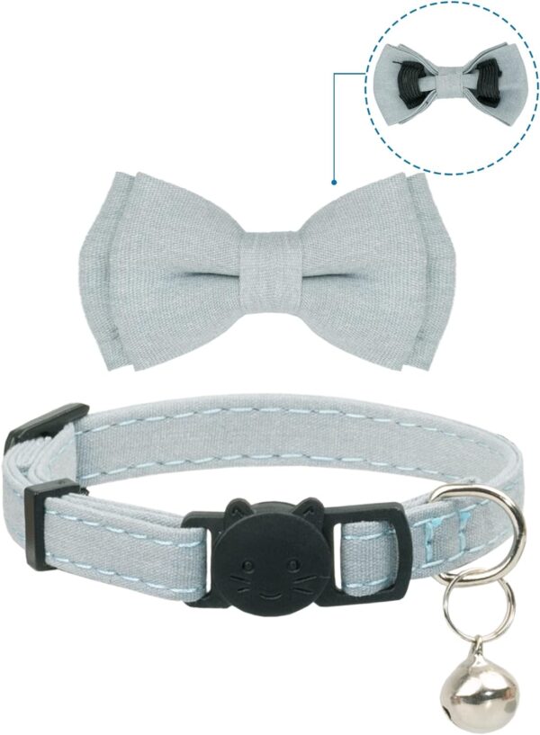 Cat Collar Breakaway Bowtie Safety with Bell Adjustbale Kitten Puppy Solid Plaid Color Set D-[2pcs] Blue - Image 4