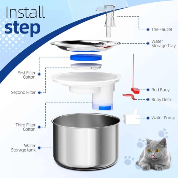 Cat Water Fountain, Stainless Steel Pet Water Fountain for Cats inside Ultra-Quiet Pump, 2L/67oz Automatic Dog Dispenser Water Bowl, Multiple Pets Water Fountain - Image 4