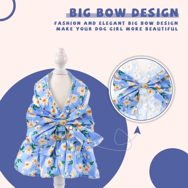 Dog Dress Bowknot Harness Leash Set for Small Dogs Cats Daisy Floral Girl Dog Dresses Cute Puppy Princess Clothes Pet Doggy Outfits Spring Summer Breathable Dresses(Blue,Small) - Image 4