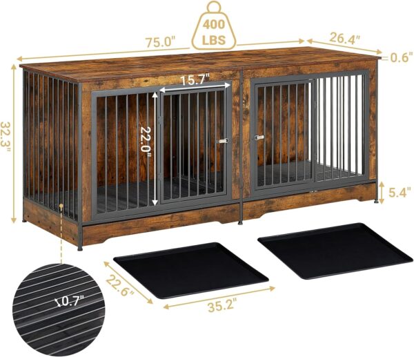 75'' Double Dog Crate Furniture for 2 Large Dogs, Heavy Duty Dog Crate, Furniture Style Dog Crate End Table, Wood Crates for Dogs Kennel Indoor, Decorative Dog Crate with Double Door, Brown - Image 7