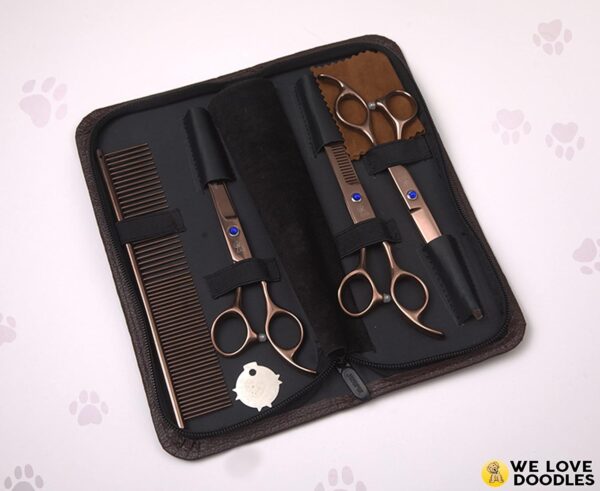 Dog Grooming Scissors Kit - Best Tools For Goldendoodles, Poodles & Doodles - Straight, Curved & Thinning Shears - Golden Doodle Grooming Kit - Professional Grade Steel, 4 Pc Set [We Love Doodles] - Image 4