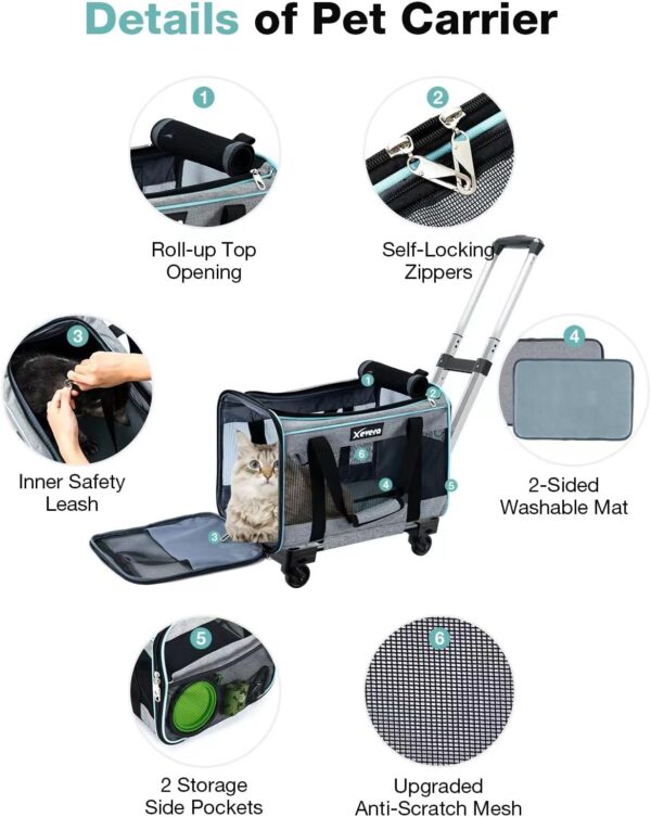 Cat Dog Carrier with Wheels Airline Approved Rolling Pet Carrier with Telescopic Handle, Shoulder Strap and Pet Bowl, Grey - Image 6