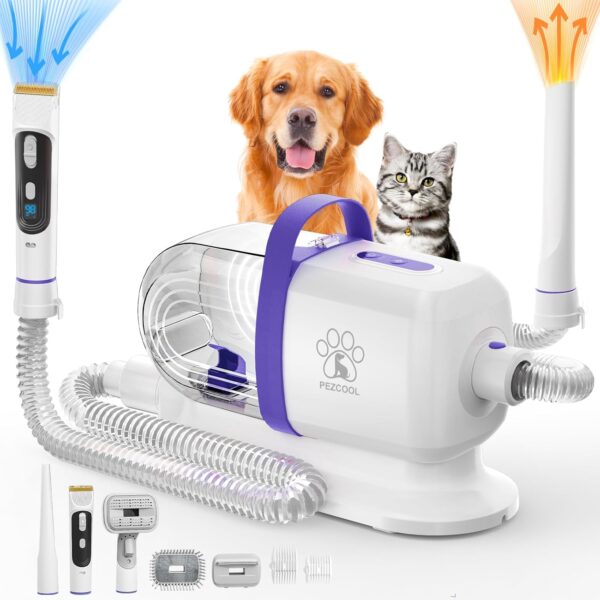 Dog Grooming Vacuum for Shedding Grooming, 2.2L Cup Dog Grooming Vacuum with Dryer Function, Low Noise Pet grooming vacuum for dogs, Upgrade Strong Dog Grooming Kit With 6 Tools for Home Pet Hair