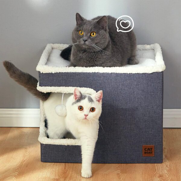 CATBOAT Cat Bed for Indoor Cats Cube House, Covered Cat Cave Beds & Furniture with Scratch Pad and Hideaway Tent, Cute Modern Cat Condo for Multi Small Pet Large kitten kitty, Grey - Image 3