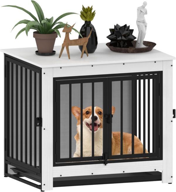 Dog Crate Furniture, Dog Crate End Table for Small and Medium Dogs,Wooden Cage Kennel Furniture Indoor, Modern Dog Crate with Multi-Purpose Removable Tray, Double-Doors Dog Furniture, White