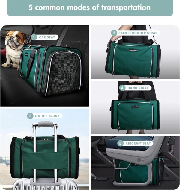 Cat Carrier, Pet Carrier Airline Approved, 2 Sides Expandable Dog Carrier, Soft-Sided Collapsible Dog Travel Bag with Removable Fleece Pad for Cats, Puppy and Small Animals (Green) - Image 5