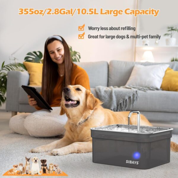 SIBAYS Dog Water Fountain for Large Dogs, 355oz/2.8Gal/10.5L Automatic Dog and Cat Water Fountain Large Pet Fountain with Stainless Steel Bowl, Dog Water Dispenser with Filter, Easy to Clean, BPA-Free - Image 2