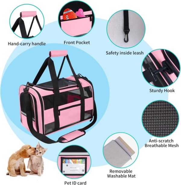 Cat Carrier Pet Carrier Airline Approved for Small Dogs Medium Cats Puppies 15 Lbs Dog Carrier with Reflective Strip, Collapsible Soft Sided Dog Travel Carriers - Pink - Image 5