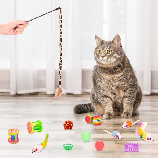 Retro Shaw Cat Toys Set 33 PCS, Interactive Cat Kitten Toys for Indoor Cats Kitty with Collapsible Cat Play Tunnel Tube Tent Cat Feather Wand Teaser Cat Bell Fuzzy Ball Springs Mouse Toys - Image 6